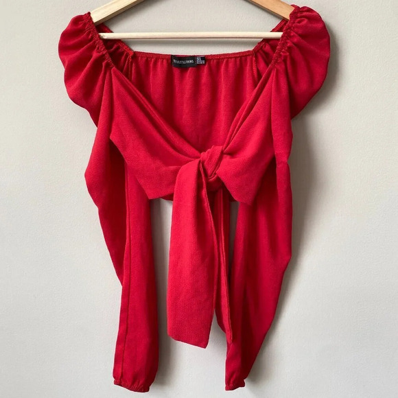 PrettyLittleThing Women's Size 2 Puff Long Sleeve Tie Bow Crop Top Blouse Red - Picture 4 of 16